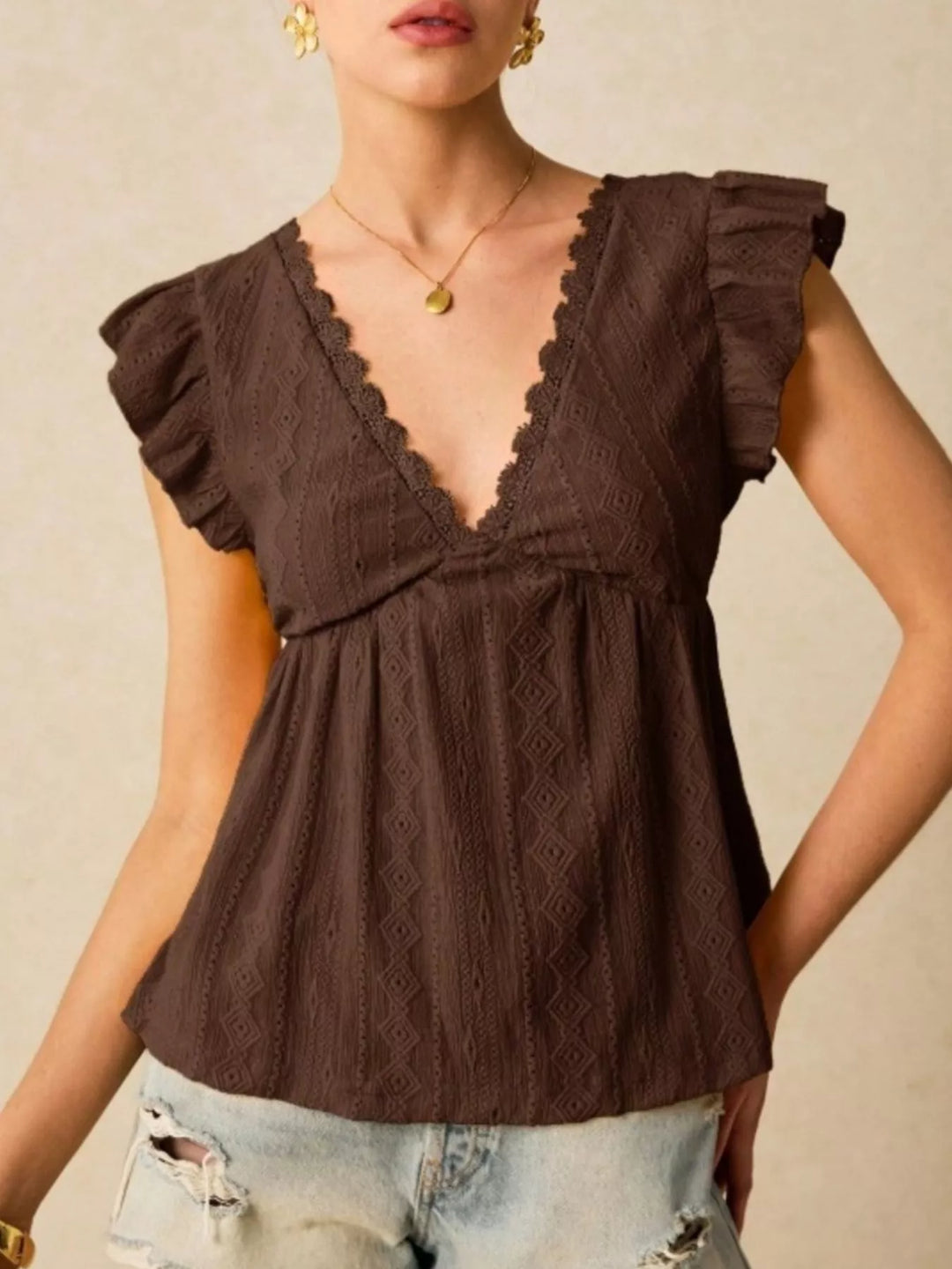Ruffle Sleeve V-Neck Blouse
