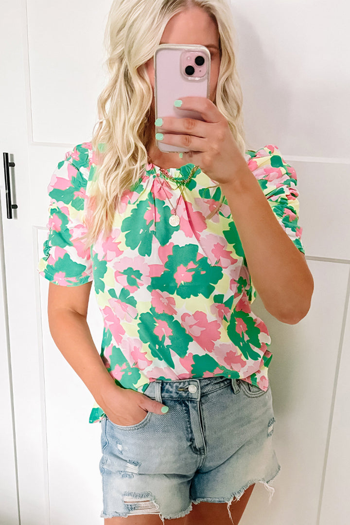 Green Abstract Print Frilly Neck Ruched Short Sleeve Blouse