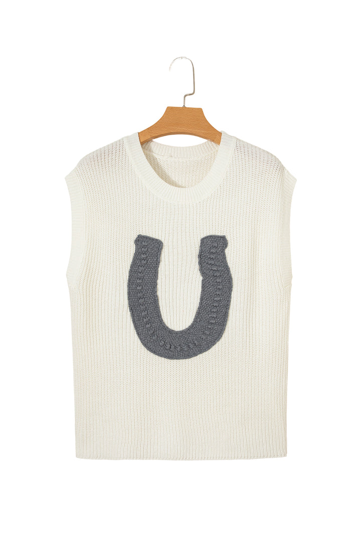 White Crochet Horseshoe Short Sleeve Knit Sweater