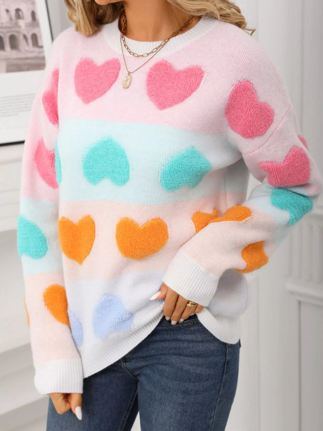 Valentine's Day Heart Pattern Fuzzy Knit Sweater