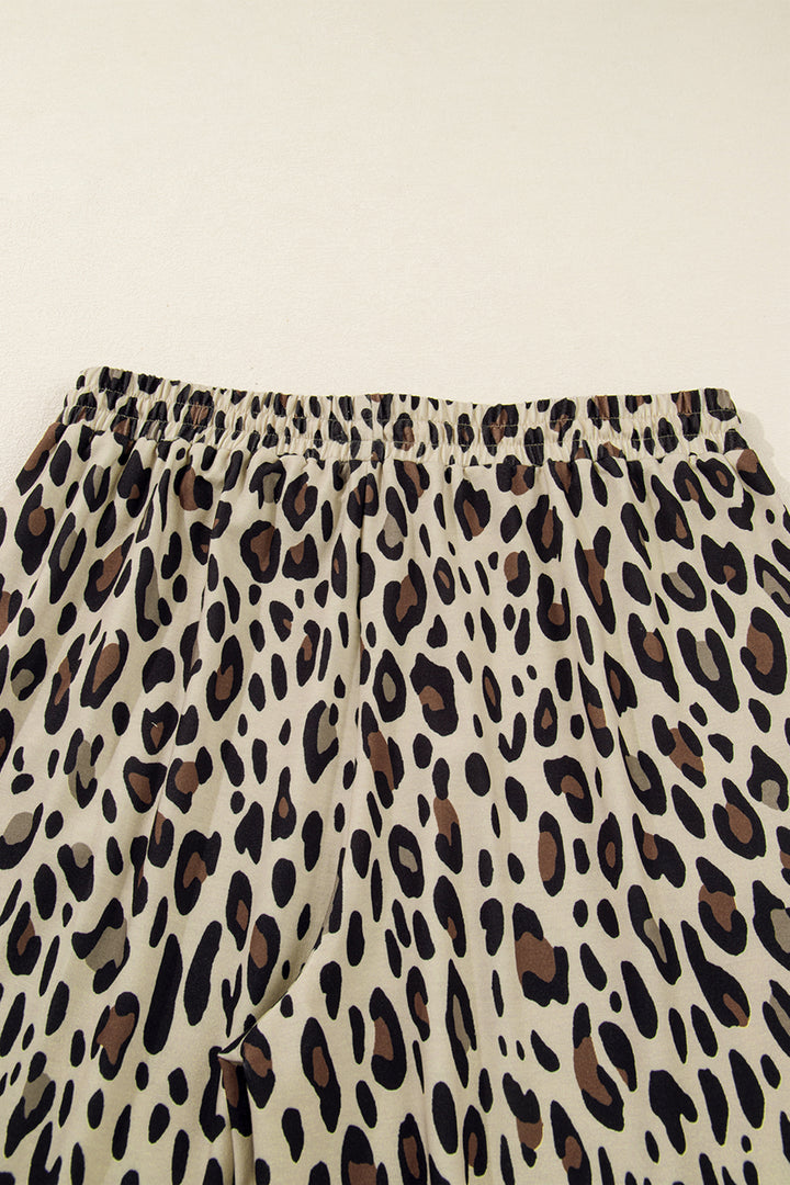 Khaki Exposed Seam Patched Pocket Plus Size Drawstring Leopard Wide Leg Pants