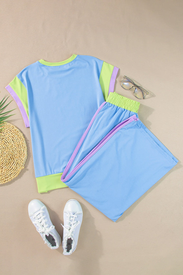 Polyester Two-Piece Set with Contrast Top & Pants