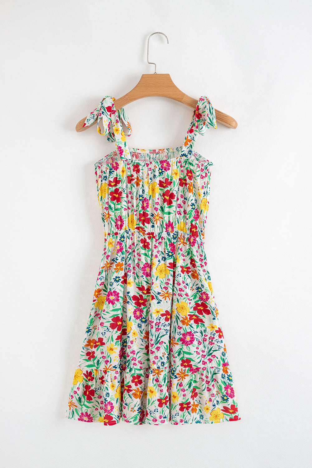 Red Floral Knotted Straps Cinched Waist Ruffle Hem Mini Dress