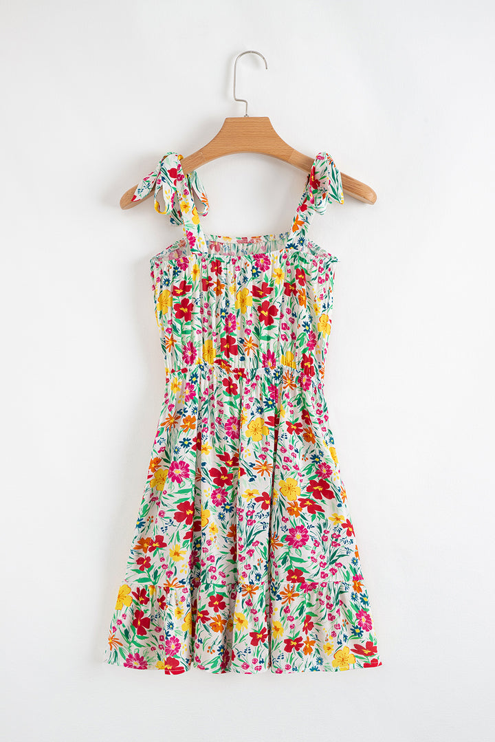 Red Floral Knotted Straps Cinched Waist Ruffle Hem Mini Dress