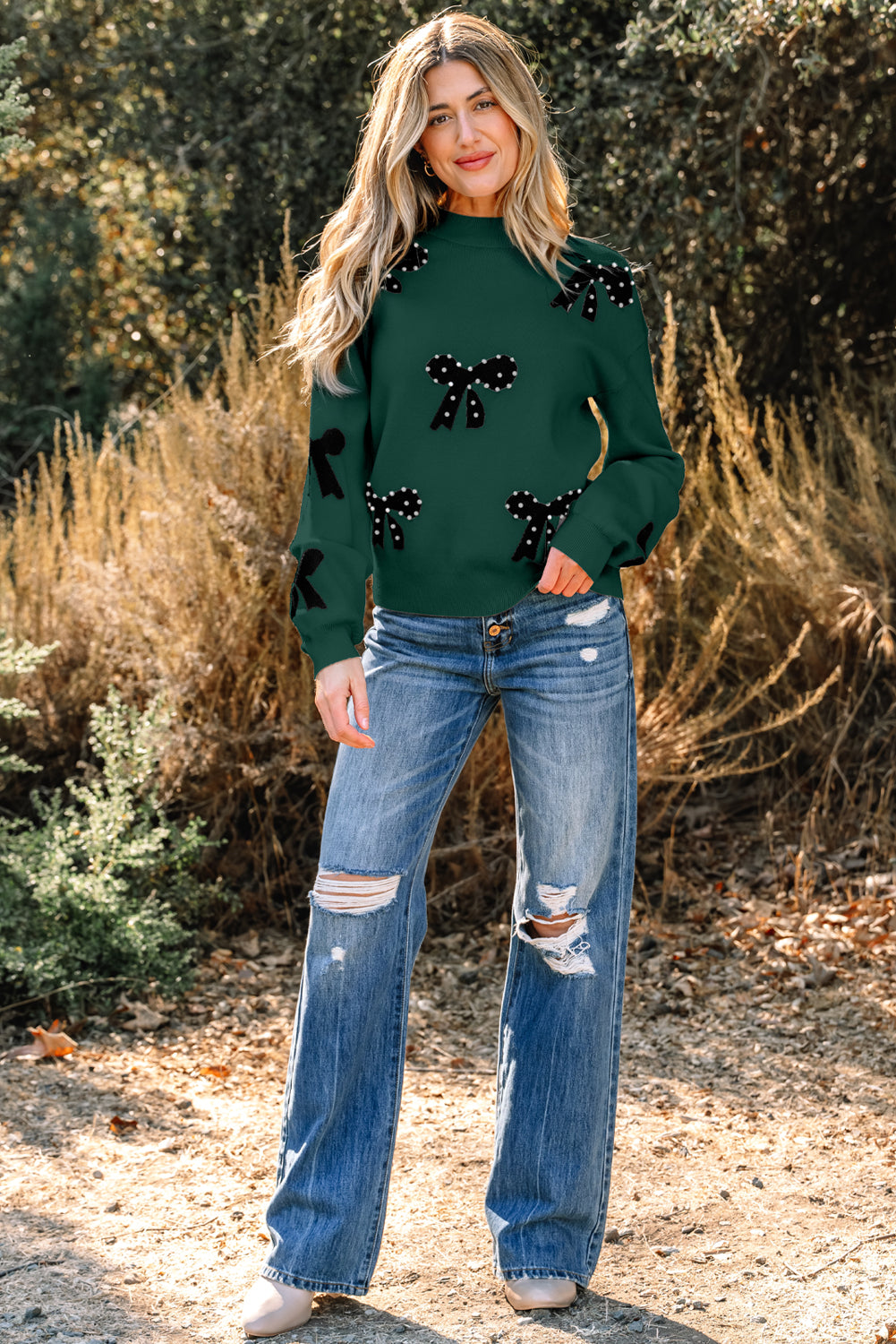 Blackish Green Pearl Embellished Bow Pattern Loose Sweater