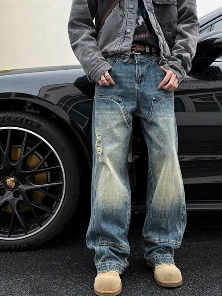 Men's Full Size Distressed Wide Leg Jeans Plus Size