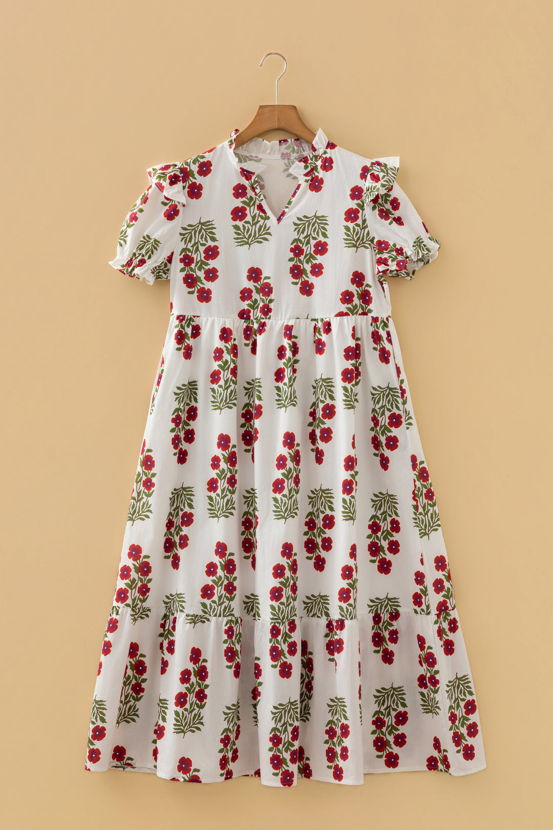 White Floral Print V Neck 3/4 Sleeve Loose Mini Dress