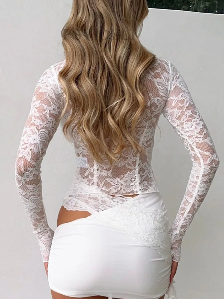 Devine Tied Front Ruffled Long Sleeve Lace Shirt
