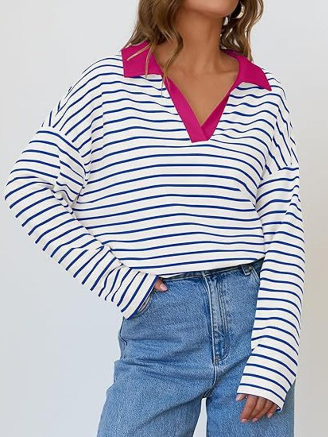 Striped Contrast Collar Long Sleeve Top