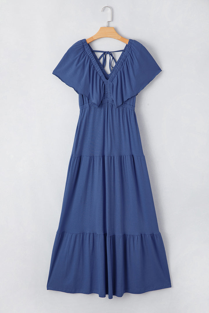 Navy Blue Textured V Neck Flutter Sleeve Ruffled Maxi Dress