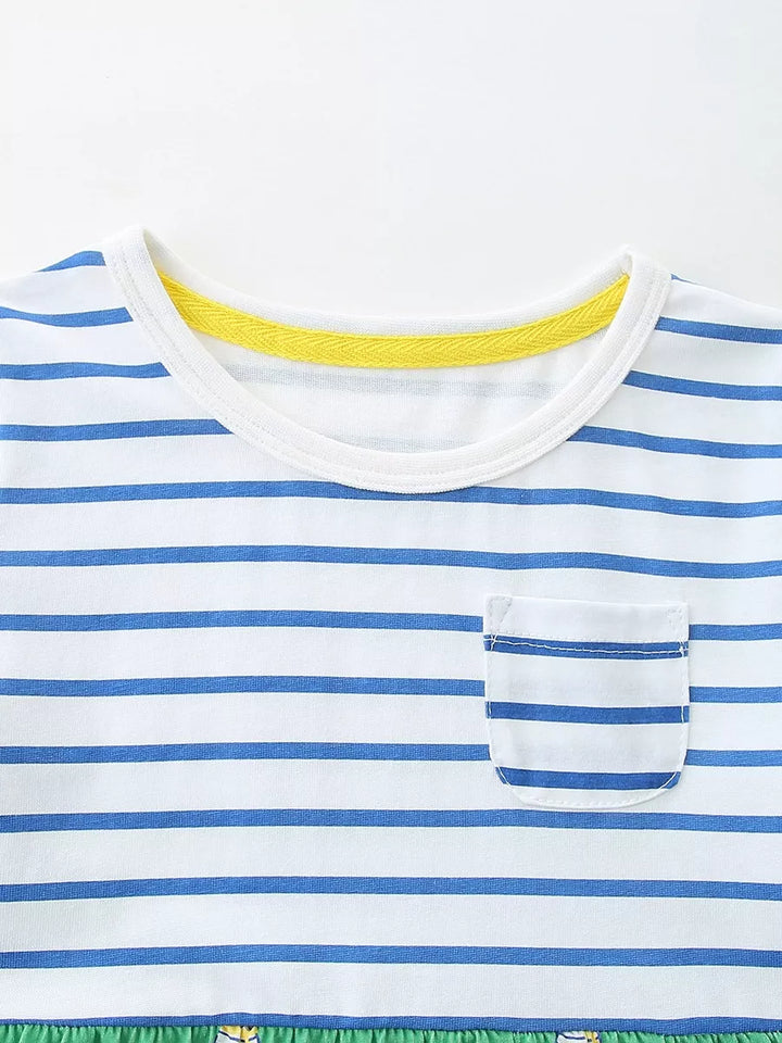 Children's Striped Dog Print Short Sleeve Dress