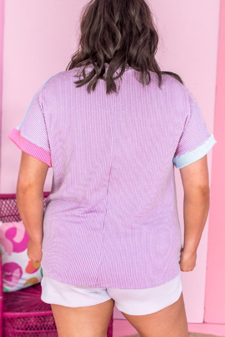 Rose Red Leopard Colorblock Patchwork Corded Knit Plus Size T Shirt