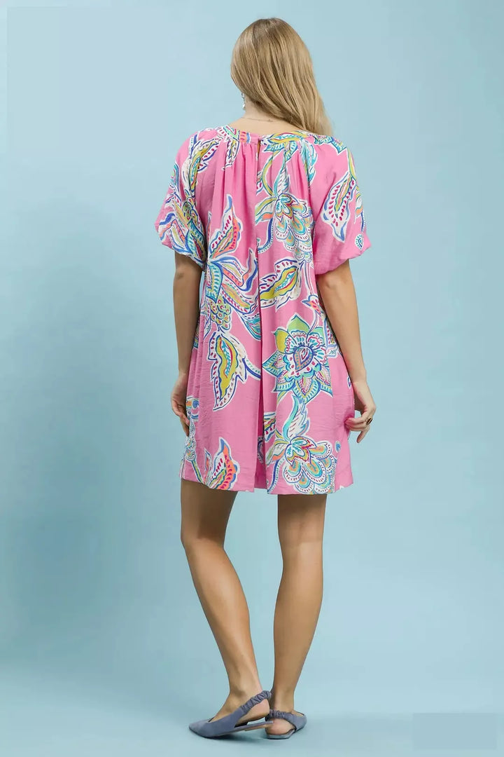 Umgee Boho Floral Print Mini Dress with Pockets
