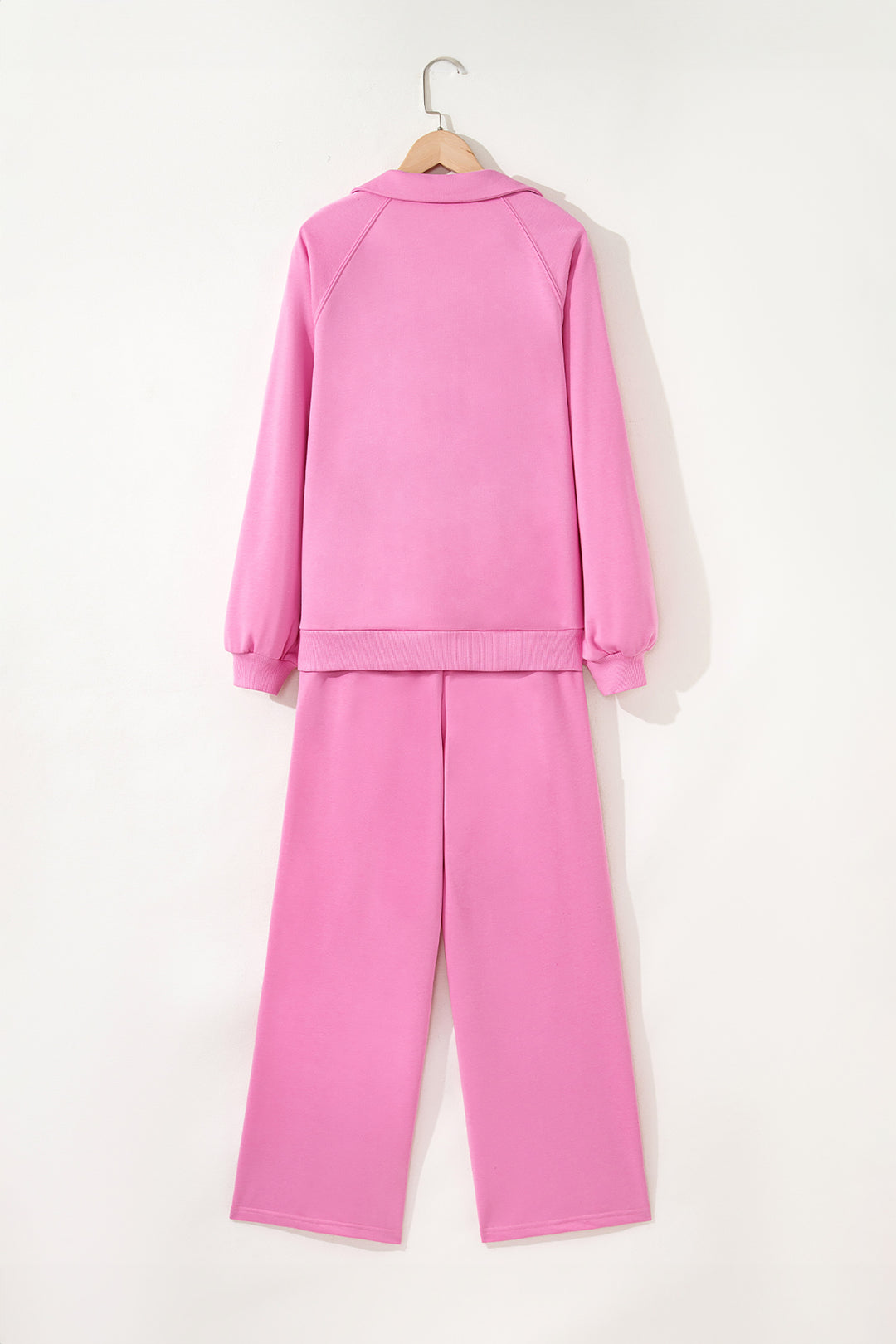 Bright Pink Polo Collar V Neck Pullover and Drawstring Sweatpants Set