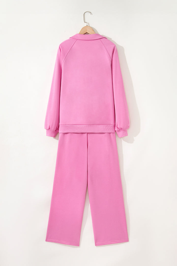 Bright Pink Polo Collar V Neck Pullover and Drawstring Sweatpants Set