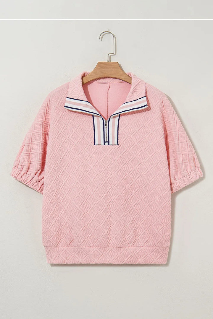 Contrast Striped Collar Patchwork Textured Half Sleeve Blouse