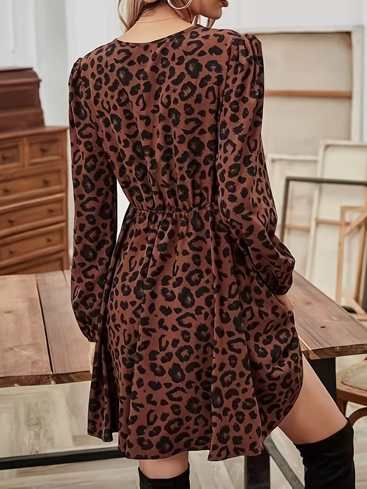 Leopard Print V-Neck Long Sleeve Mini Dress