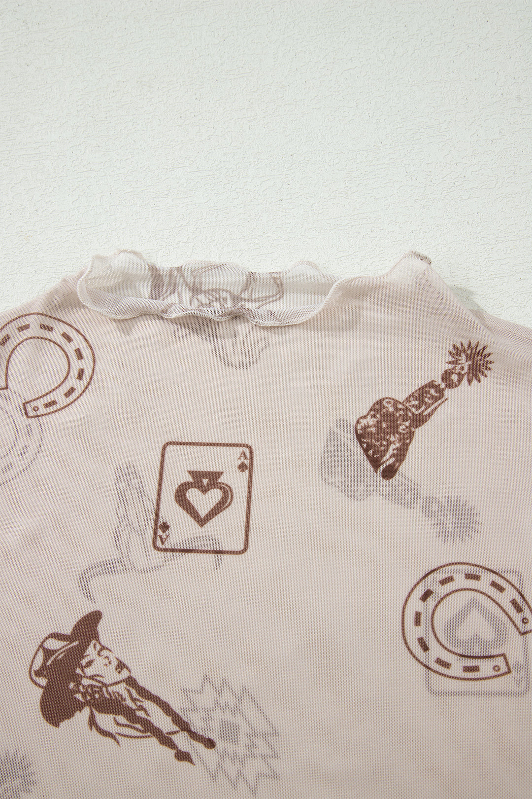 Oatmeal Western Printed Mesh Short Sleeve Top