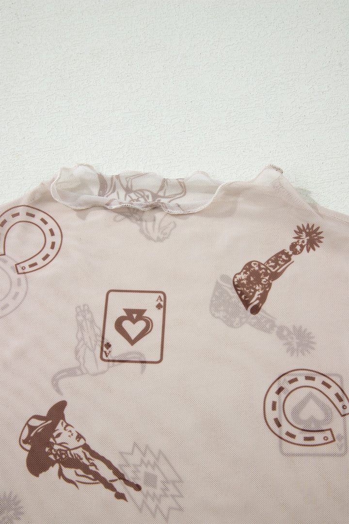 Oatmeal Western Printed Mesh Short Sleeve Top
