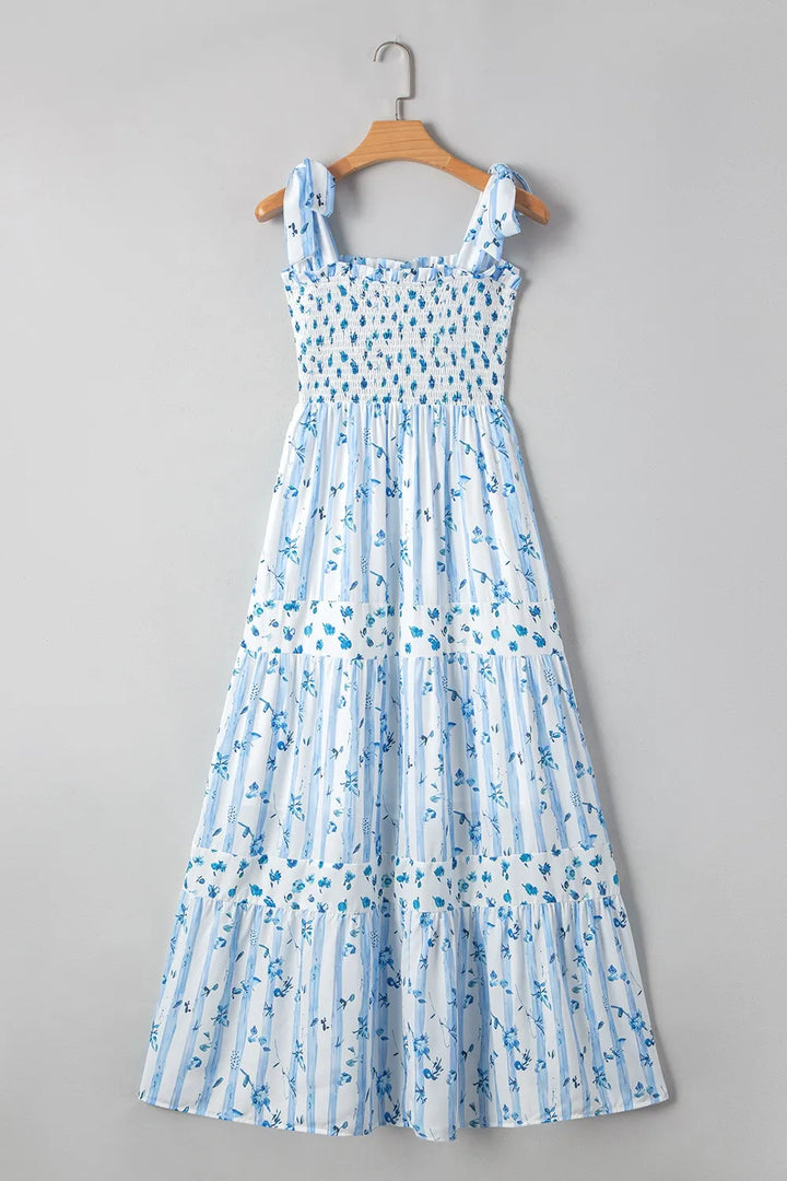 Floral Smocked Tied Straps A-Lined Tiered Dress