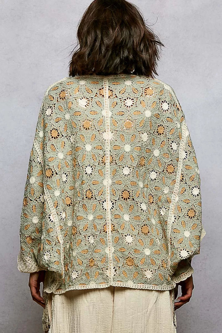 POL Open Front Floral Pattern Crochet Cardigan
