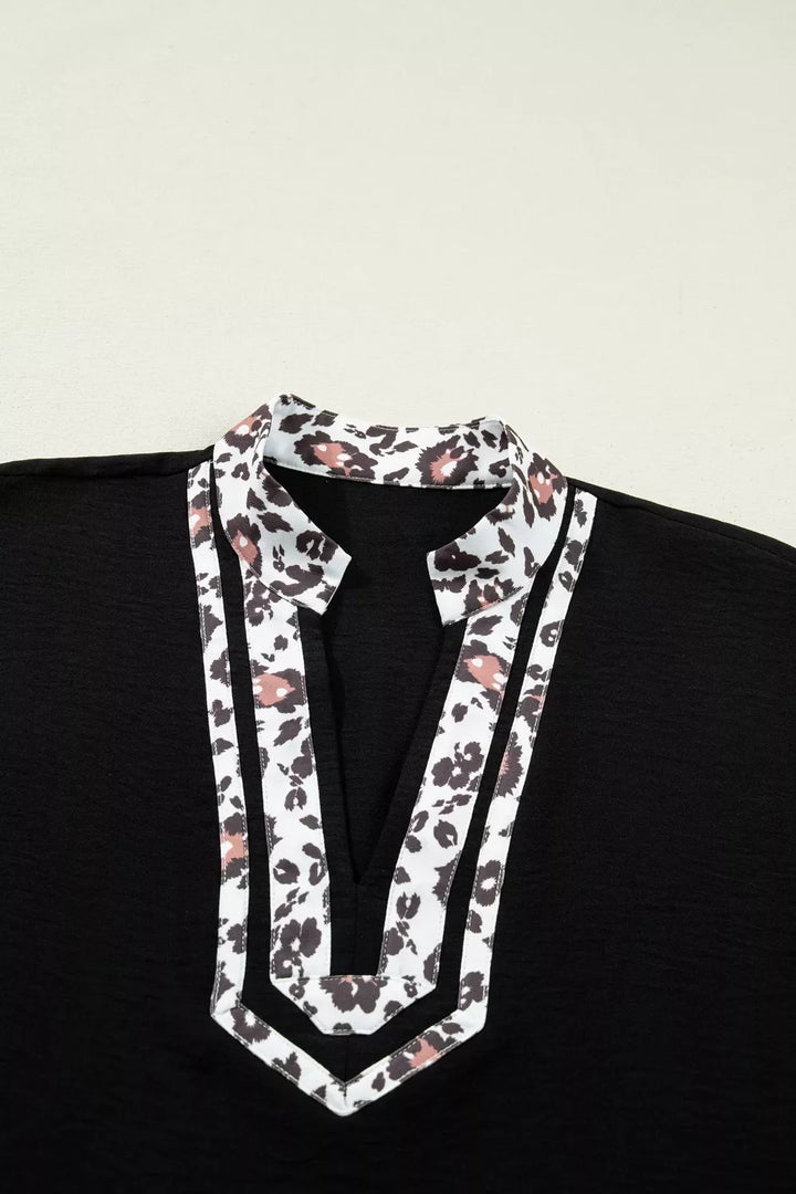 Leopard Accent Notched Neck Plus Size Short Sleeve Top
