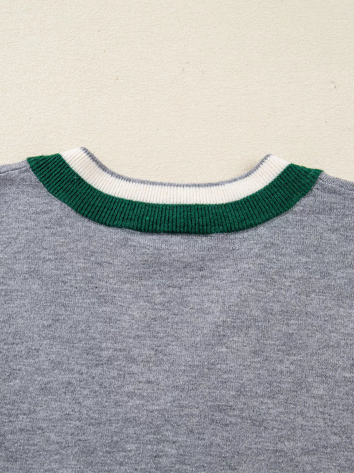 Contrast Striped Trim V Neck Varsity Sweater