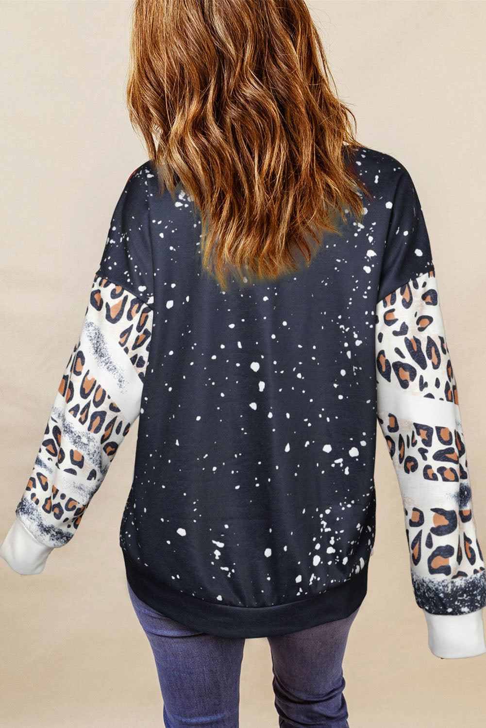Sweat-shirt noir tie-dye à épaules tombantes et imprimé léopard