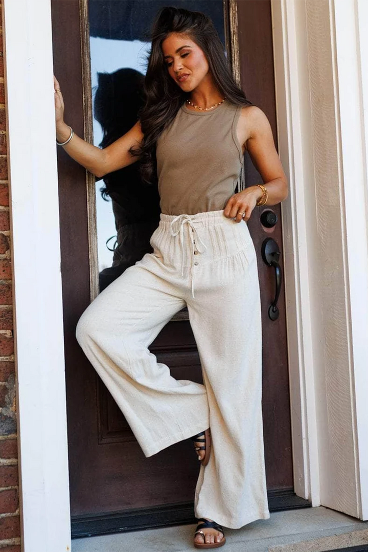 Jet Stream Drawstring Elastic Waist Button Pleated Detail Wide Leg Pants