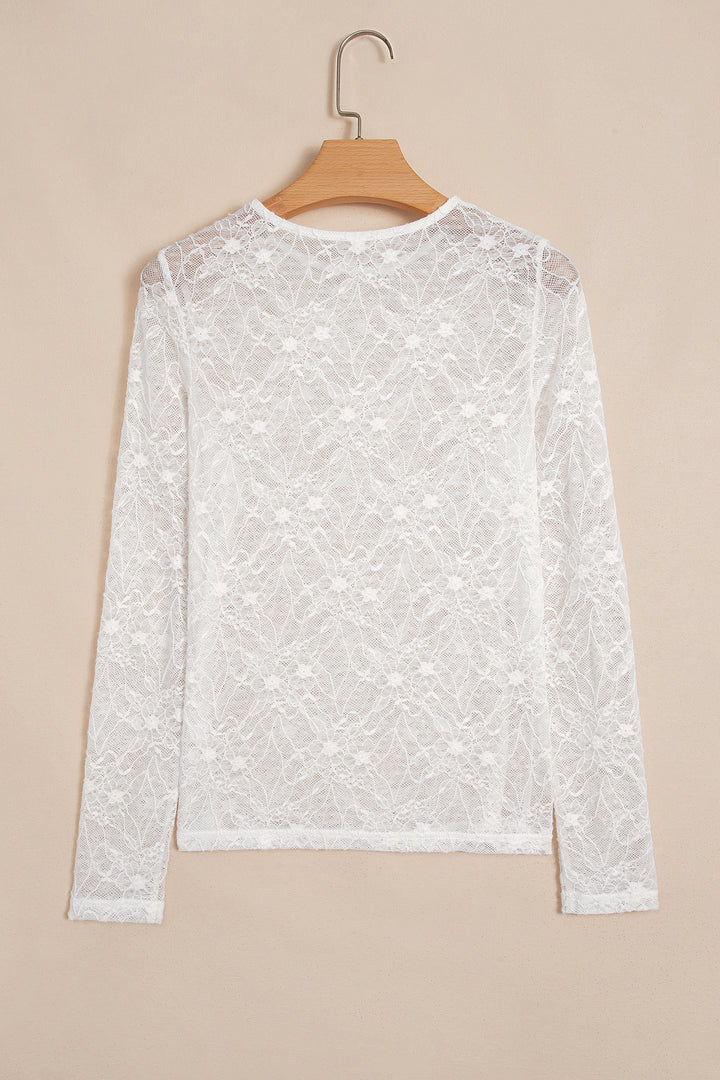 Beige Long Sleeve Sheer Mesh Lace Top