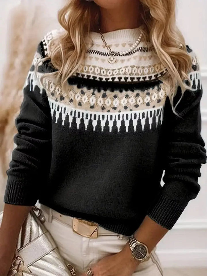 Full Size Vintage Patterned Round Neck Sweater Plus Size
