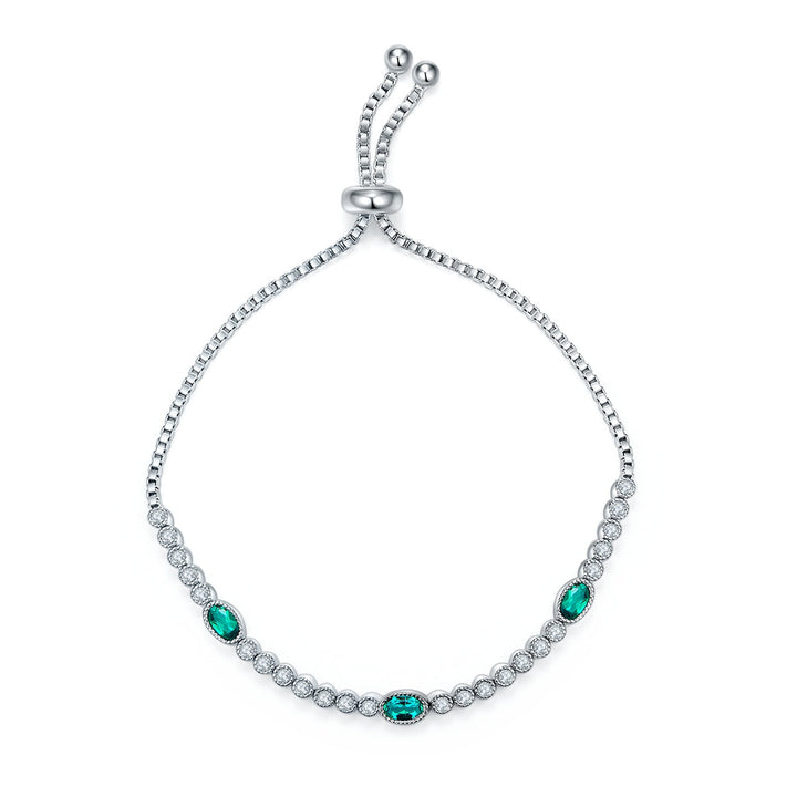 S925 Sterling Silver Adjustable Slider Bracelet, 5x3mm 3-Stone Lab-Grown Emerald Box Chain, Platinum Plated 6.5g Fine Jewelry Gift Box