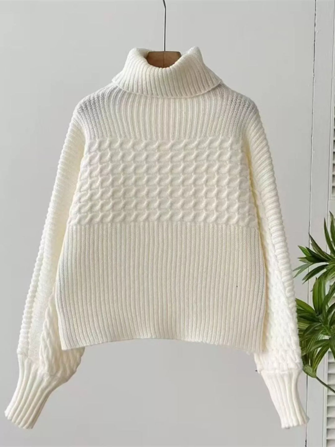 Textured Knit Turtleneck Long Sleeve Sweater