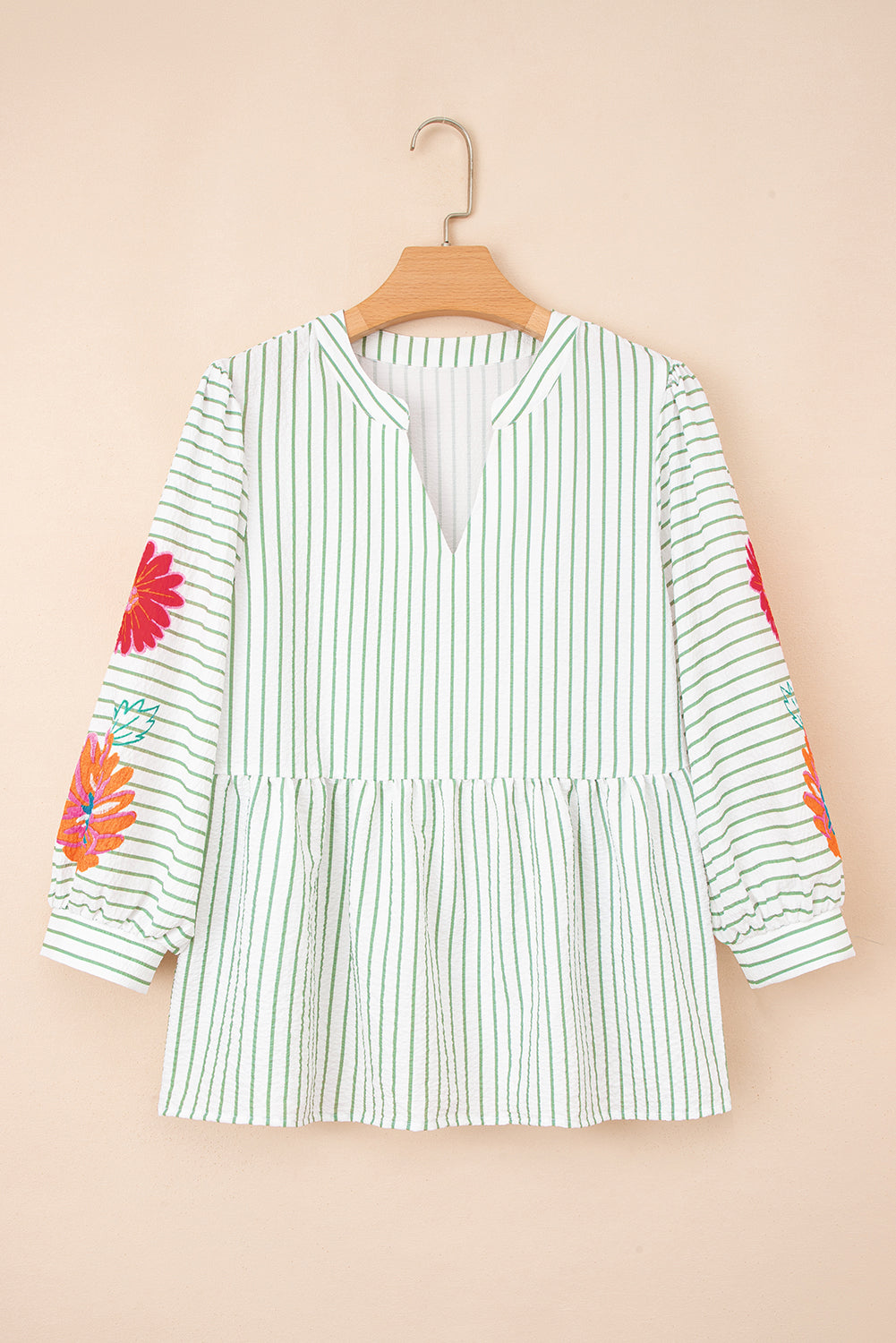 Green Stripe Flower Puff Sleeve Notched V Neck Babydoll Blouse