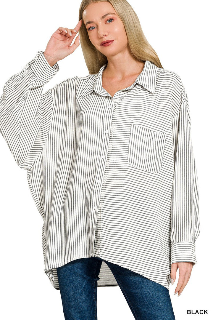 Zenana Woven Stripe Button Down Shirt