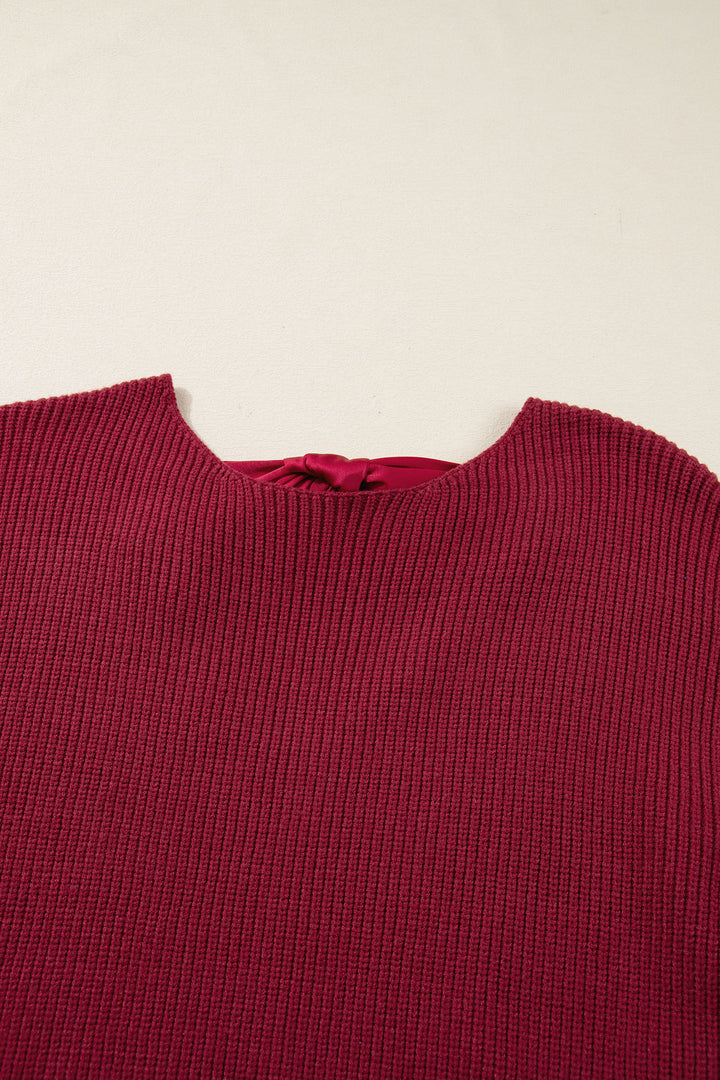 Red Dahlia Ribbed Knit Ribbon Knot Backless Drop Shoulder Sweater