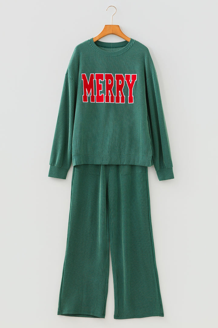 Dark Green MERRY Corded Long Sleeve Top and Pockets Pants Set