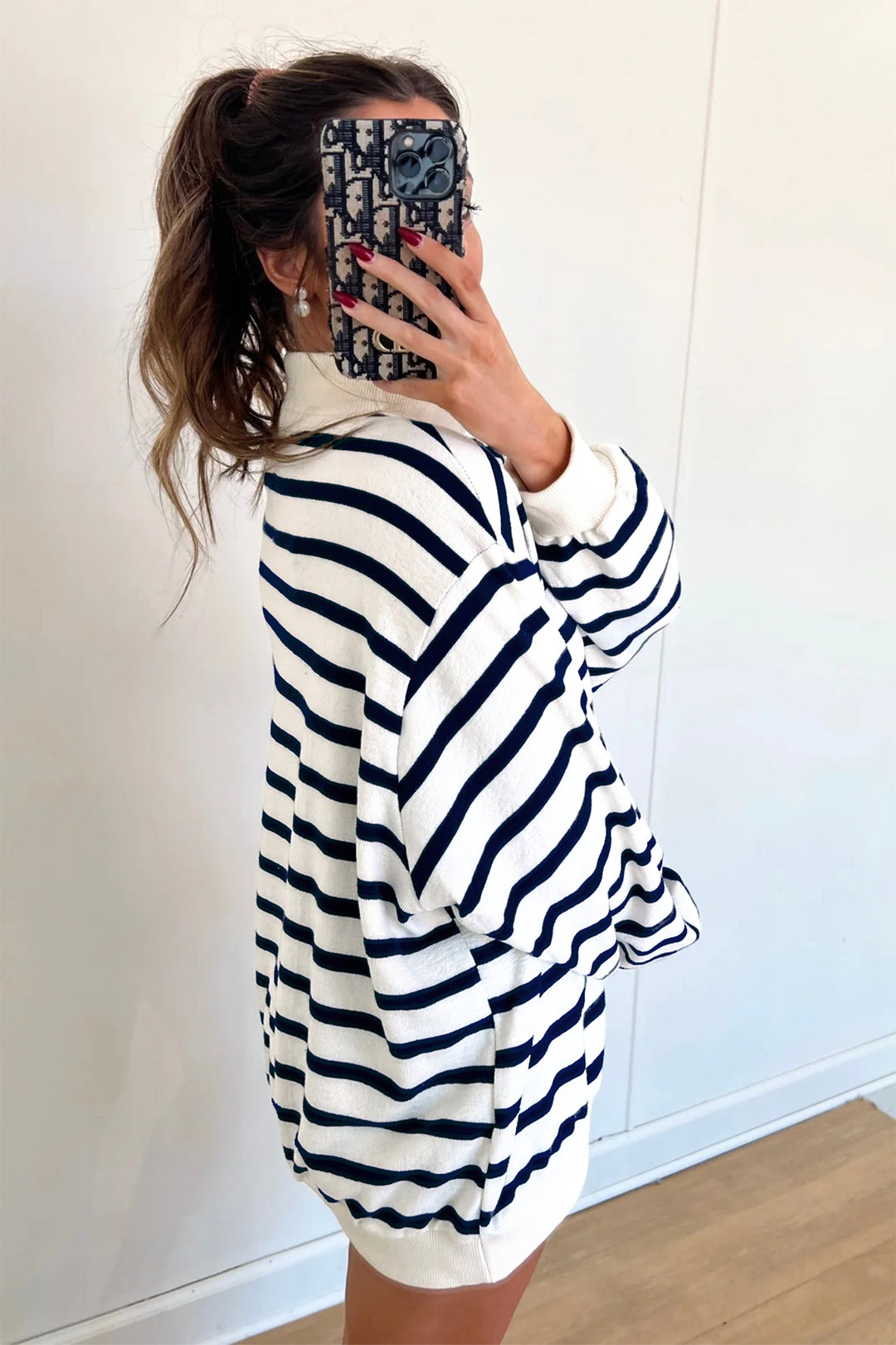 Blue Stripe Striped Stand Neck Long Sleeve Ribbed Cuff Hem Sweatshirt