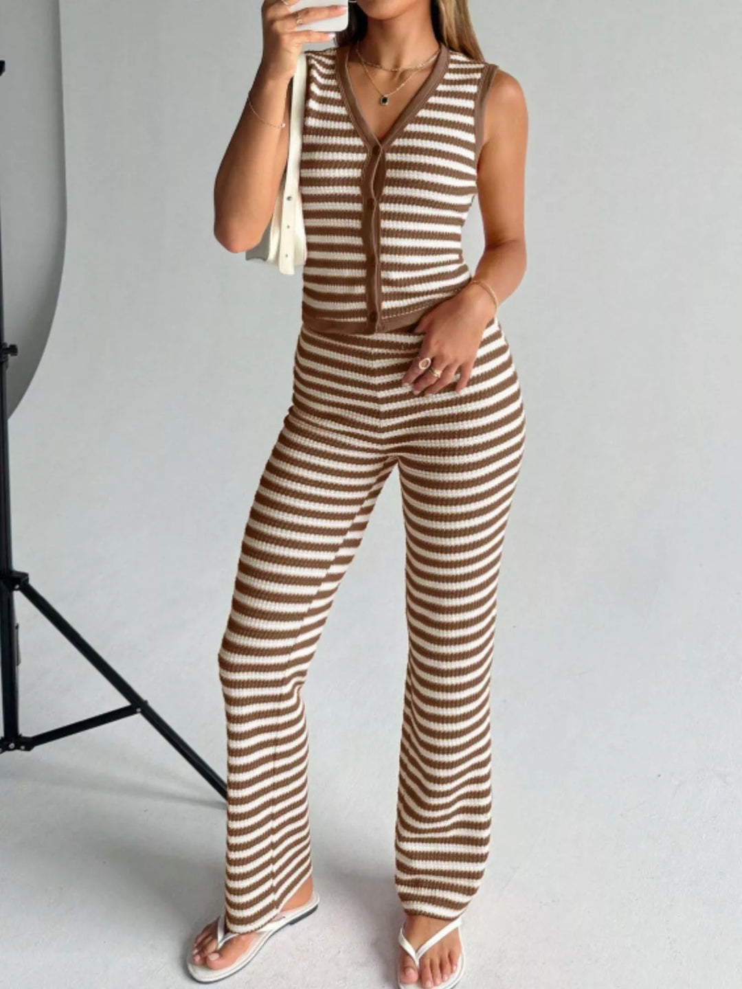 Striped Knit V-Neck Button-Up Sleeveless Top and Flare Pants Set