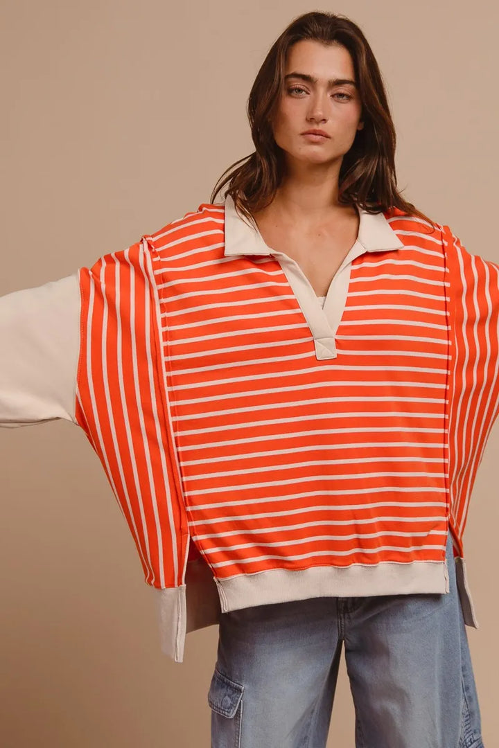 BiBi Stripe Knit Loose Fit Top With Cut Edge Detail