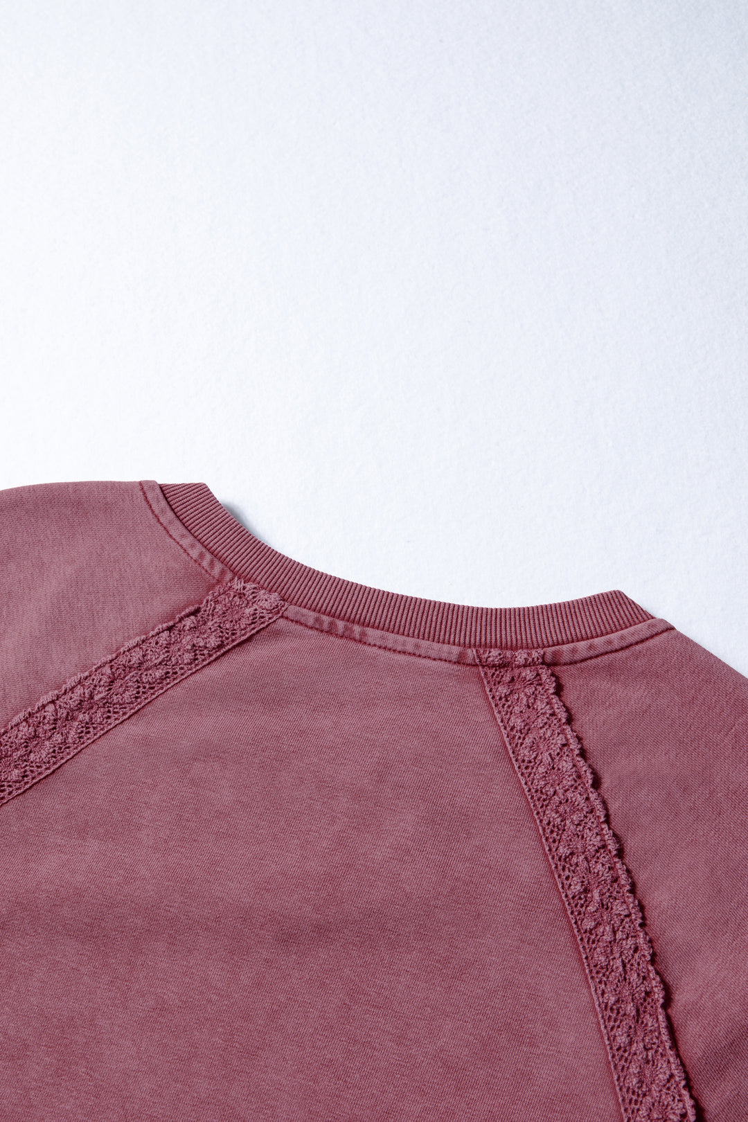 Red Dahlia Lace Patchwork Detail Notched Neck Mineral Wash Baggy Sweatshirt