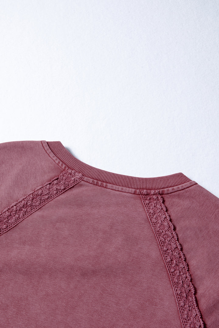 Red Dahlia Lace Patchwork Detail Notched Neck Mineral Wash Baggy Sweatshirt
