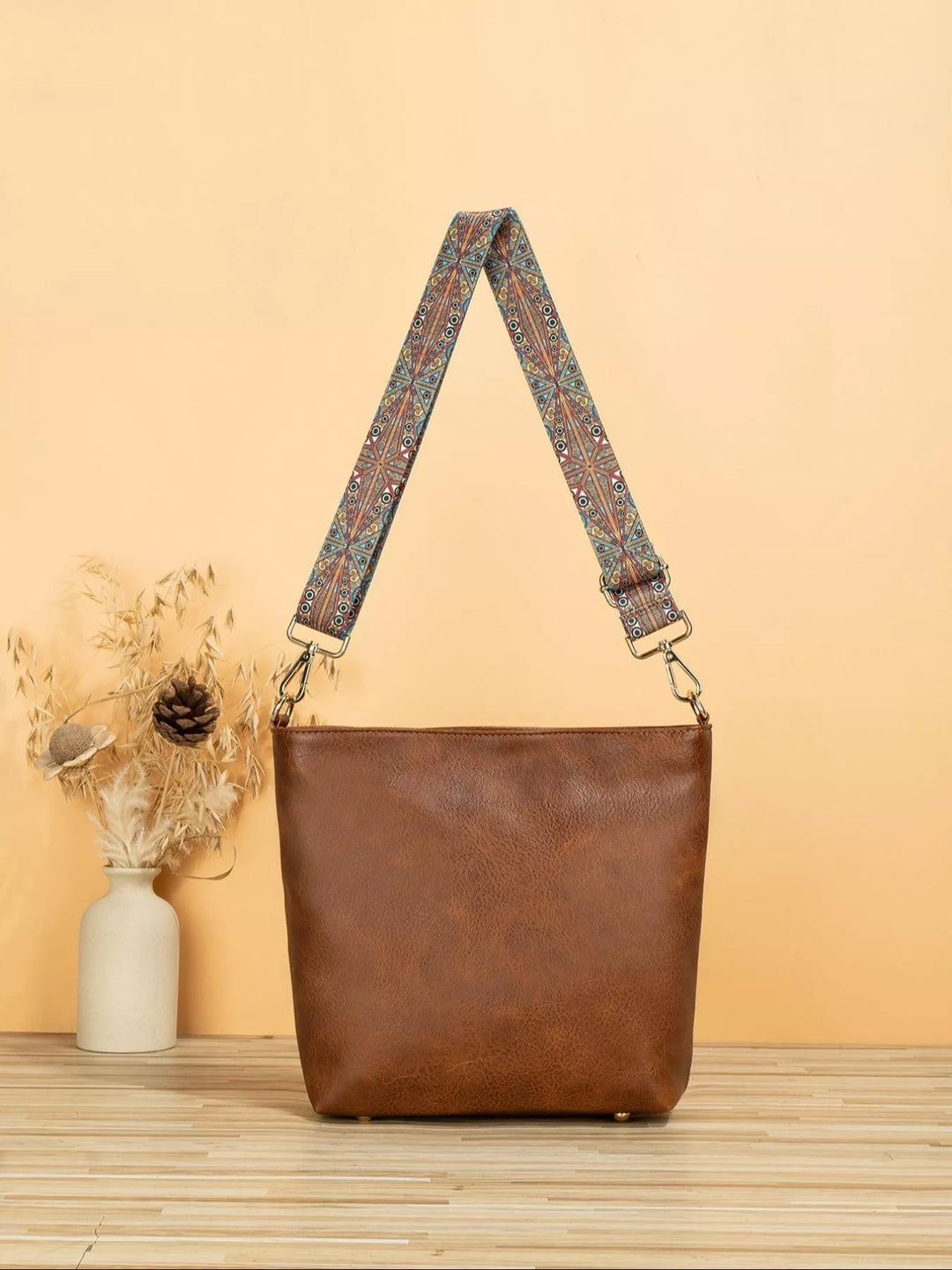 PU Leather Crossbody Bag with Patterned Strap