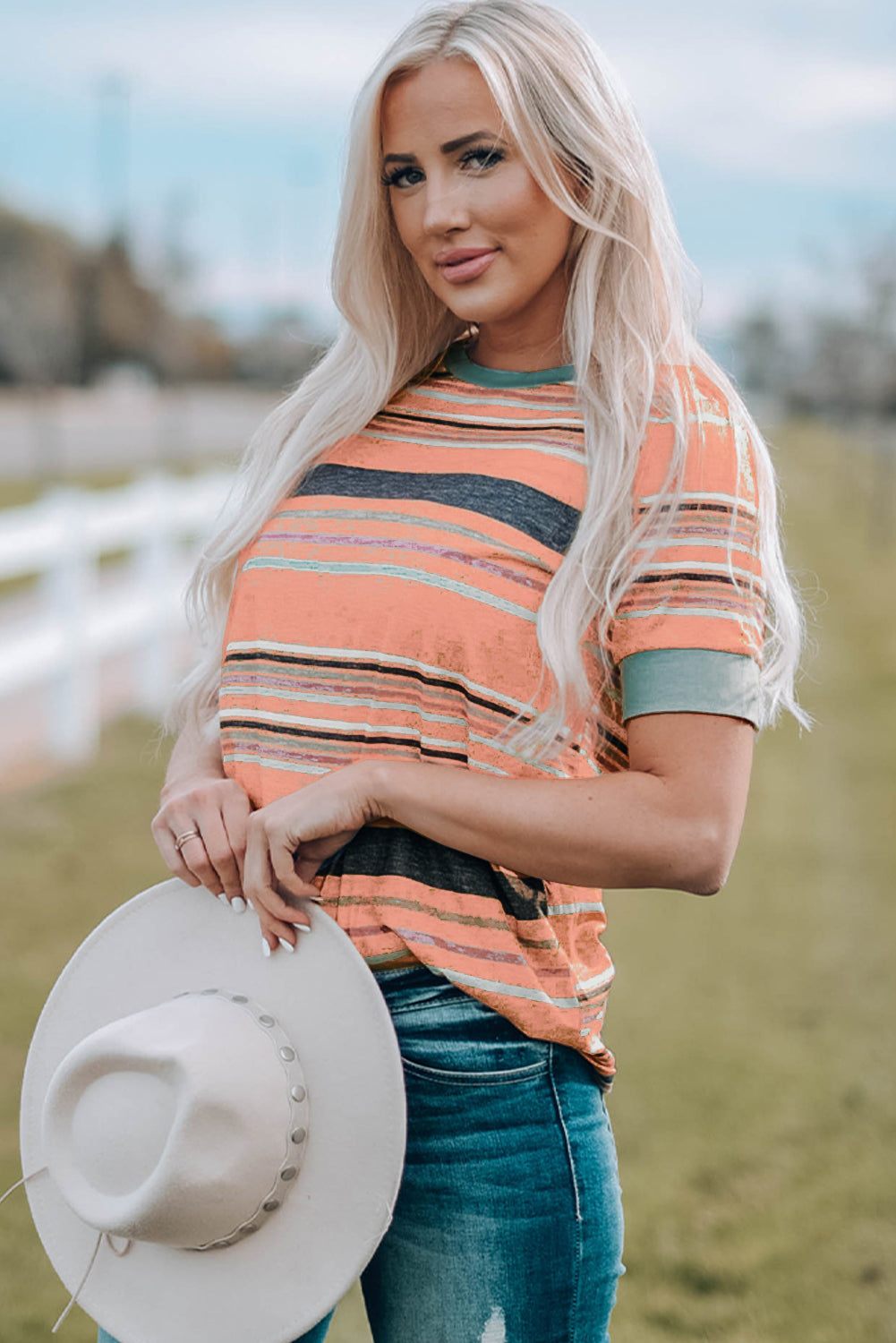 Pink Multicolor Stripes Crew Neck T Shirt