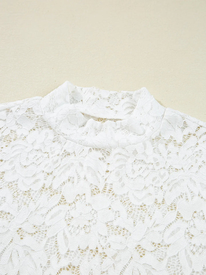 Lace Crochet Bell Sleeve Mock Neck Blouse