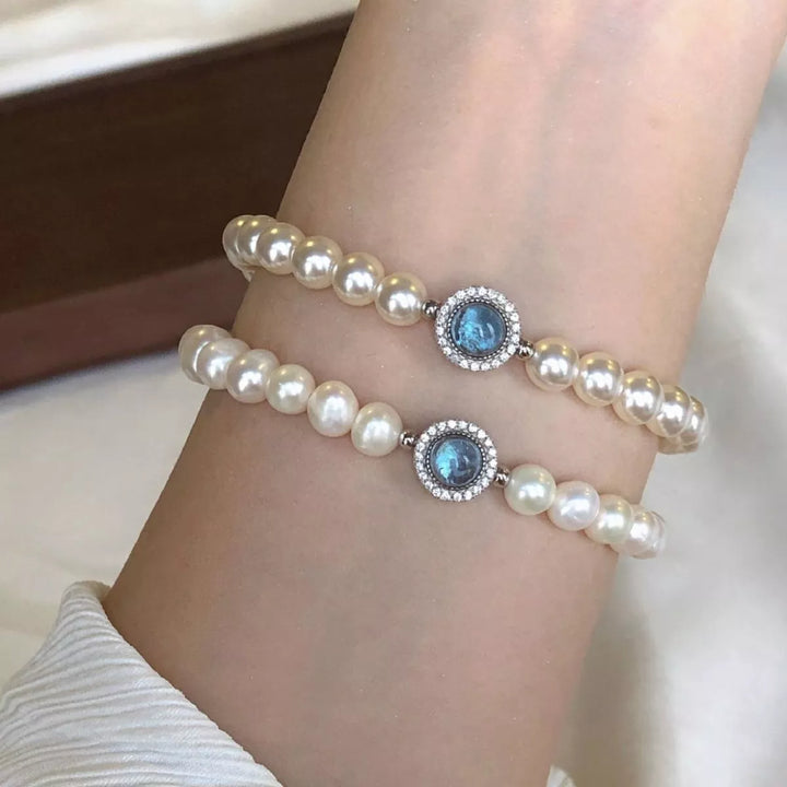 925 Sterling Silver Zircon Bead Pearl Bracelet