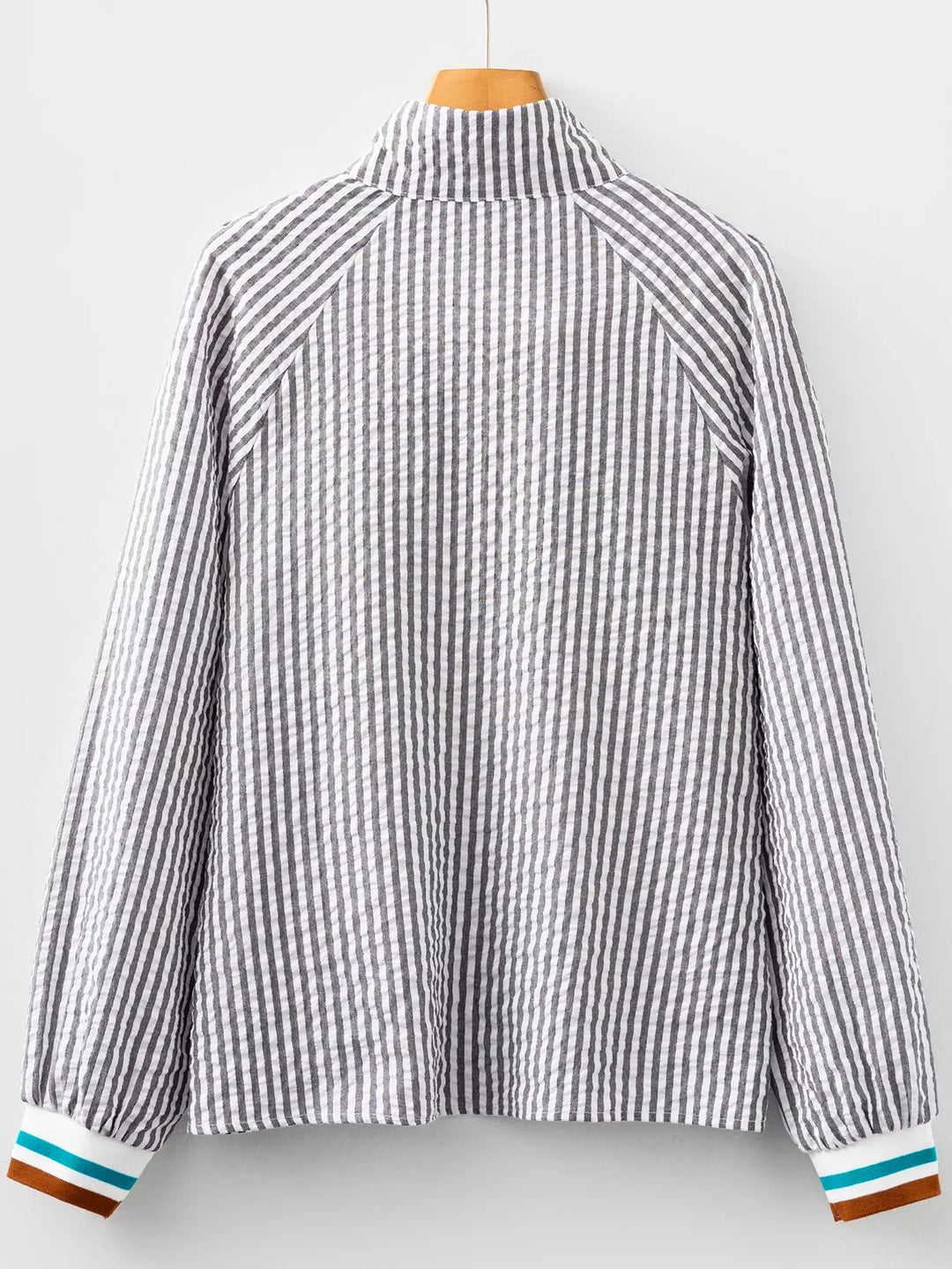 Striped Print Contrast Patchwork Detail Split Neck Blouse