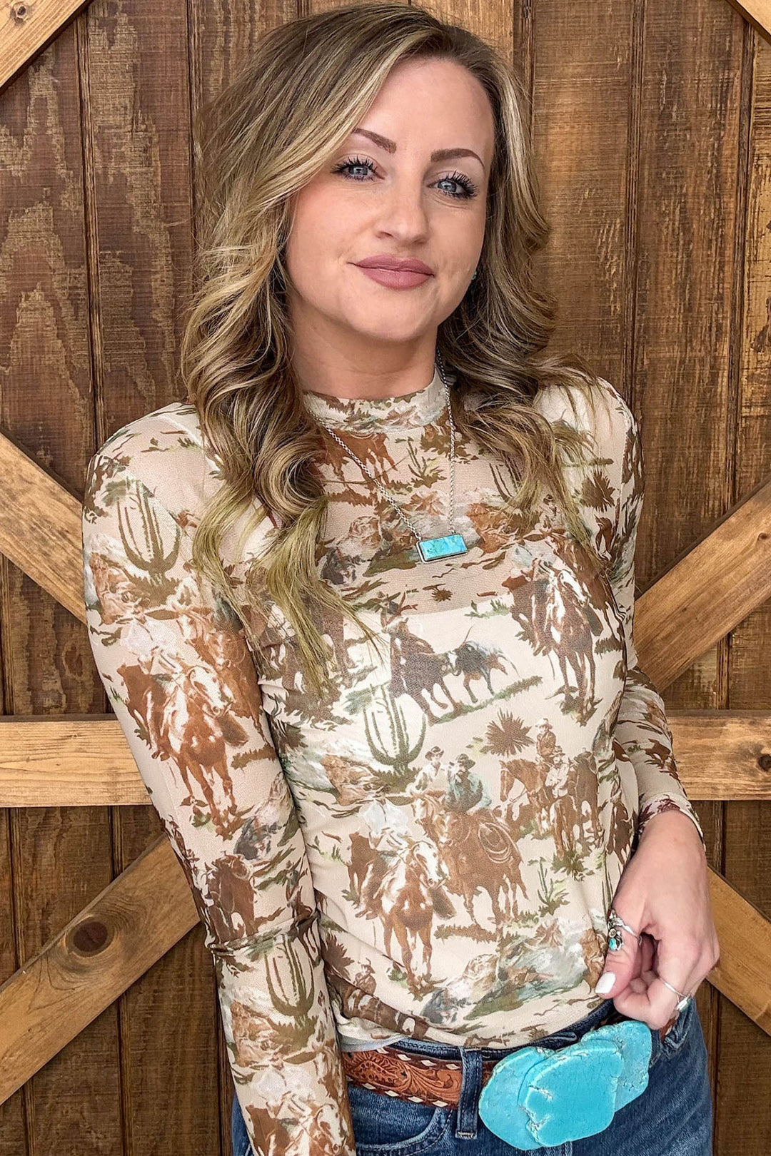 Beige Western Cowboy Floral Print Sheer Mesh Long Sleeve Top