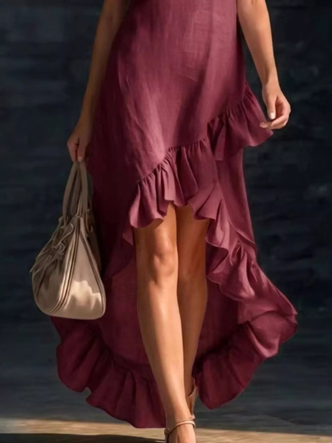 Full Size V-Neck Ruffle Hem High-Low Dress Plus Size