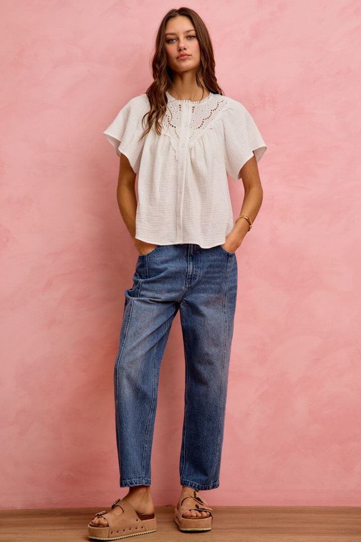 SO ME Cotton Gauze Lace Trim Flutter Sleeves Blouse Top